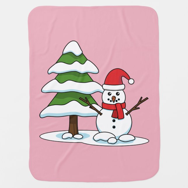 Snowman with Snowy Pine Tree Baby Blanket (Front)