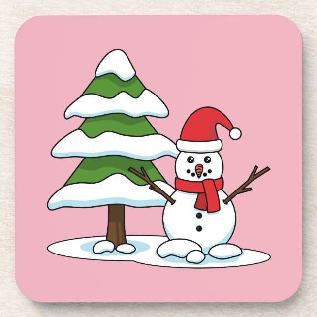 Snowman with Snowy Pine Tree Beverage Coaster (Front)