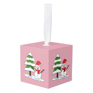Snowman with Snowy Pine Tree Cube Ornament