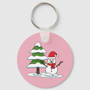 Snowman with Snowy Pine Tree Keychain