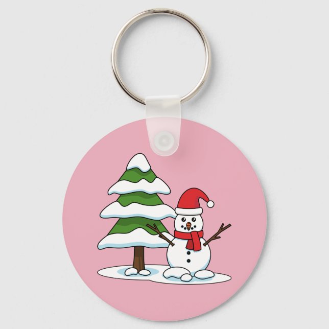 Snowman with Snowy Pine Tree Keychain (Front)