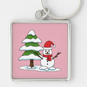 Snowman with Snowy Pine Tree Keychain
