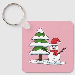 Snowman with Snowy Pine Tree Keychain