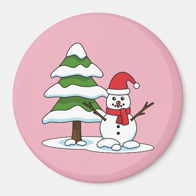 Snowman with Snowy Pine Tree Magnet (Front)