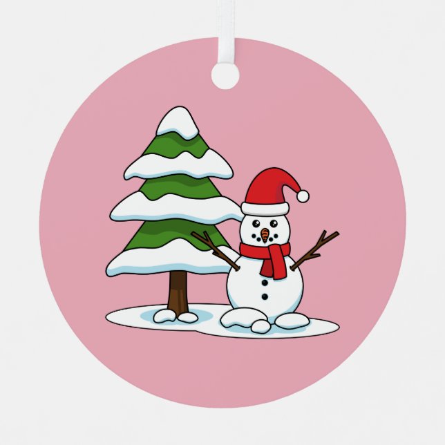 Snowman with Snowy Pine Tree Metal Ornament (Front)