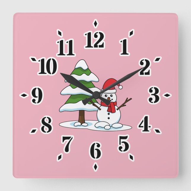 Snowman with Snowy Pine Tree Square Wall Clock (Front)