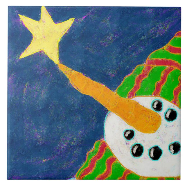 Snowman with Star Abstract Art Ceramic Tile (Front)