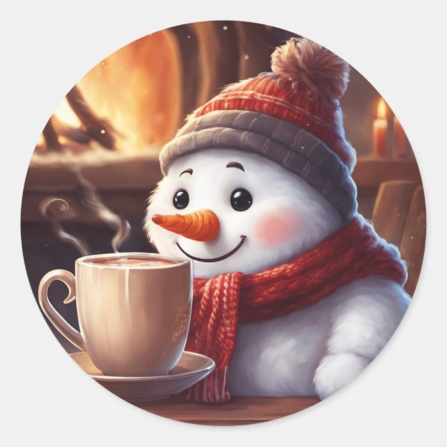 Snowman with Steaming Hot Coffee Sticker (Front)