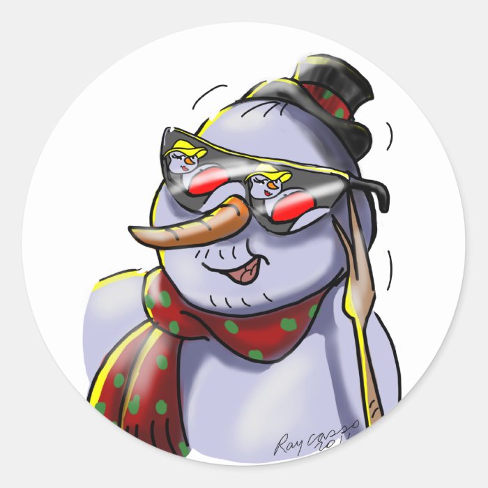 SnOwMaN WiTh SuNgLaSSes Round Stickers