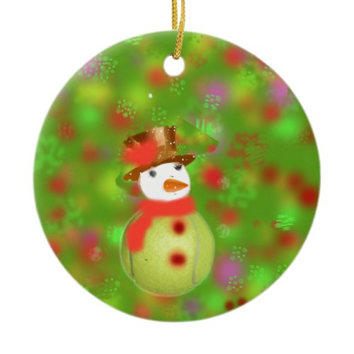 Snowman with tennis ball welcome holiday season ceramic ornament