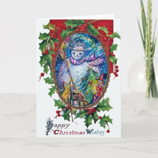 SNOWMAN WITH TOYS,Christmas Crown Hollyberries Holiday Card (Front)