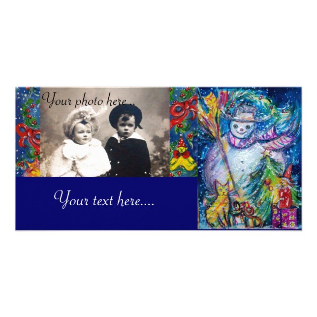 SNOWMAN WITH TOYS, White Blue Yellow Christmas Card (Front)