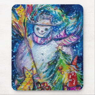 SNOWMAN WITH TOYS, white blue yellow Mouse Pad