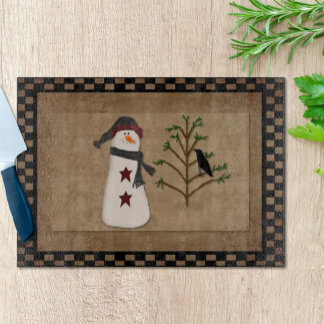 Snowman With Tree Glass Cutting Board