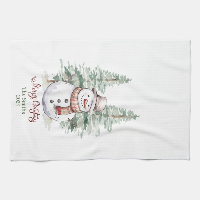 Snowman with Trees Personalized Kitchen Towel (Horizontal)