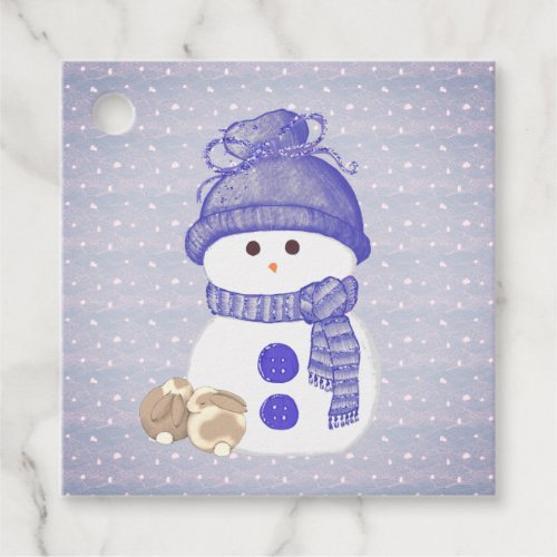 Snowman with Two Sleeping Bunnies with Snowflakes Favor Tags