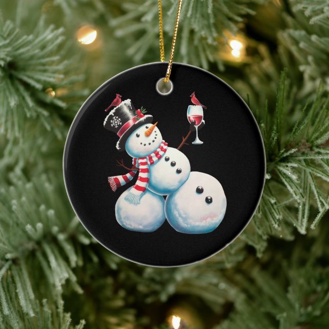 Snowman With Wine Christmas Funny Xmas Gift Ceramic Ornament (Tree)