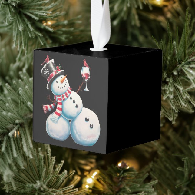Snowman With Wine Christmas Funny Xmas Gift Cube Ornament (Tree)