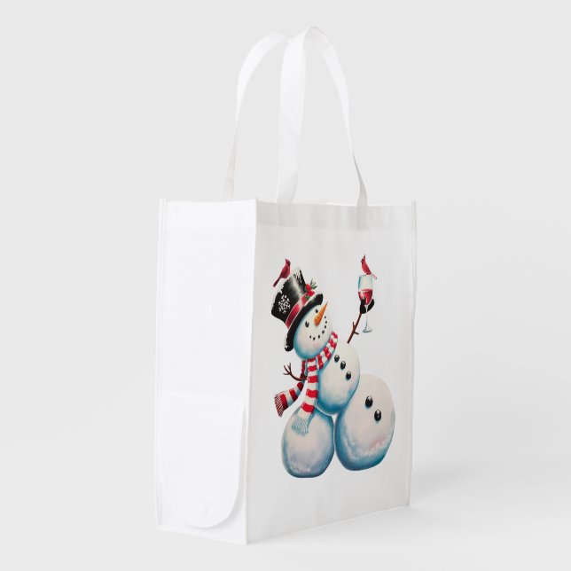 Snowman With Wine Christmas Funny Xmas Gift Grocery Bag (Front Side)