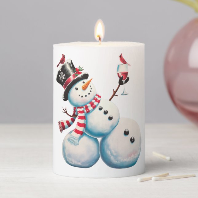 Snowman With Wine Christmas Funny Xmas Gift Pillar Candle (In Situ)