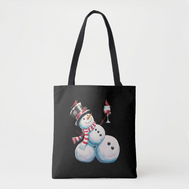 Snowman With Wine Christmas Funny Xmas Gift Tote Bag (Front)