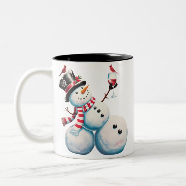Snowman With Wine Christmas Funny Xmas Gift Two-Tone Coffee Mug (Left)