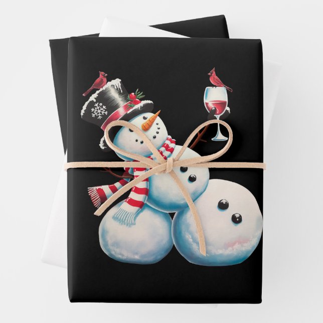 Snowman With Wine Christmas Funny Xmas Gift Wrapping Paper Sheets (In situ)