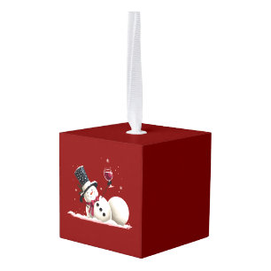 Snowman With Wine Christmas Gift Xmas Holiday  Cube Ornament