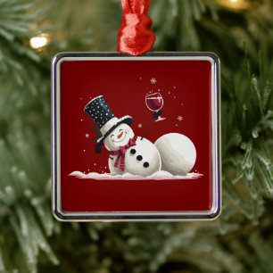 Snowman With Wine Christmas Gift Xmas Holiday Metal Ornament