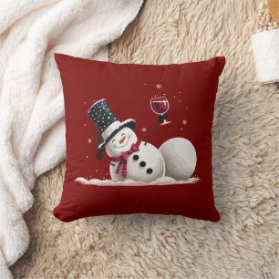 Snowman With Wine Christmas Gift Xmas Holiday  Throw Pillow