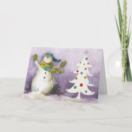 Snowman With Winter Mittens And Christmas Trees Holiday Card