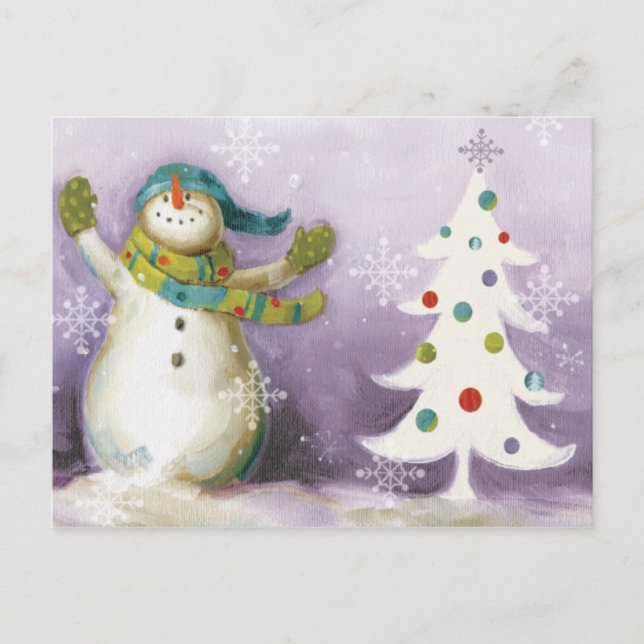 Snowman with Winter Mittens and Christmas Trees Holiday Postcard (Front)