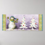 Snowman with Winter Mittens and Christmas Trees Poster<br><div class="desc">© Lisa Audit / Wild Apple.  This image features a snowman wearing winter mittens and a green scarf. Also in the image are two white Christmas Trees.</div>