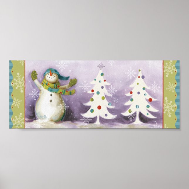 Snowman with Winter Mittens and Christmas Trees Poster (Front)