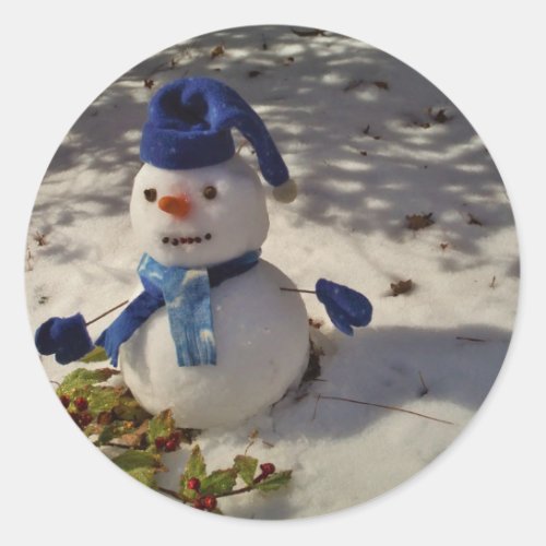 Snowman withBlue Hat and Scarf Classic Round Sticker
