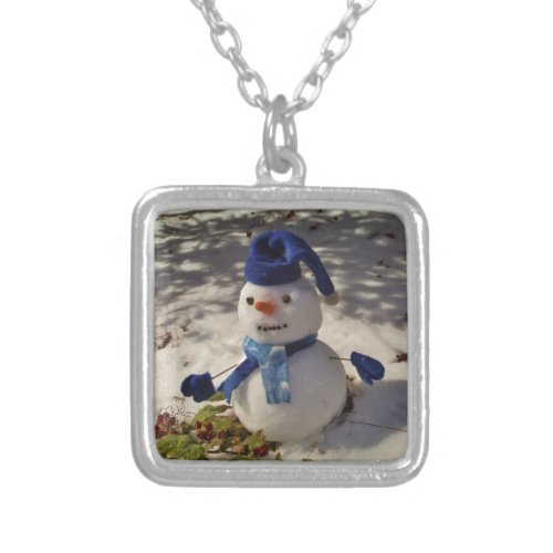 Snowman withBlue Hat and Scarf Silver Plated Necklace