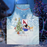 Snowman Woodland Forest Monogram Name Christmas  Apron<br><div class="desc">"Snowman Woodland Forest Monogram Name Christmas All Over Print Apron." Your family name and monogram initial are easily replaced in the template field to customized for your family or as a gift. Lovely dreamy snowfall forest background is perfect for the holiday & Christmas season. An adorable snowman is decorating a...</div>