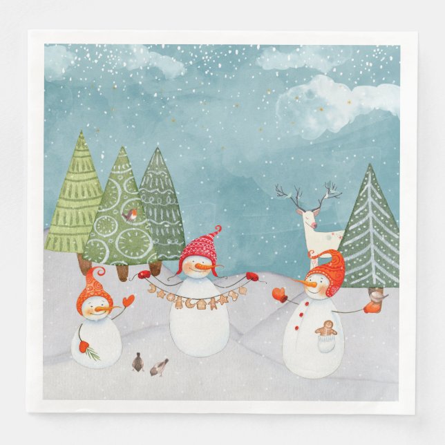 SNOWMAN & WOODLAND FRIENDS IN WINTER WONDERLAND PAPER DINNER NAPKINS (Front)