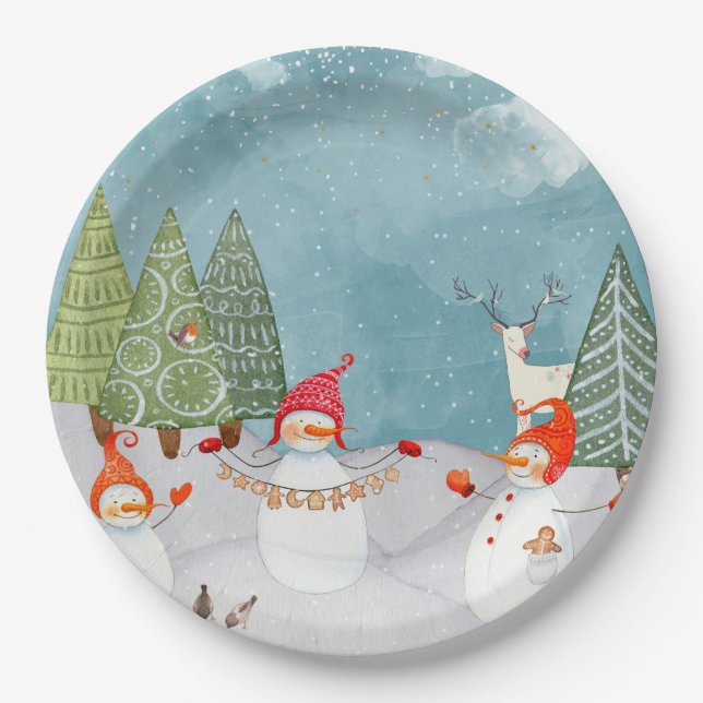 SNOWMAN & WOODLAND FRIENDS IN WINTER WONDERLAND PAPER PLATES (Front)