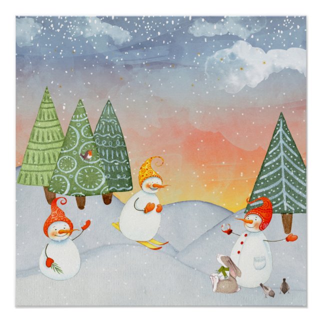 SNOWMAN & WOODLAND FRIENDS IN WINTER WONDERLAND POSTER (Front)