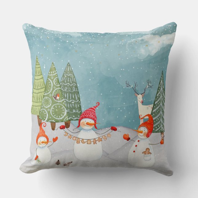 SNOWMAN & WOODLAND FRIENDS IN WINTER WONDERLAND THROW PILLOW (Front)