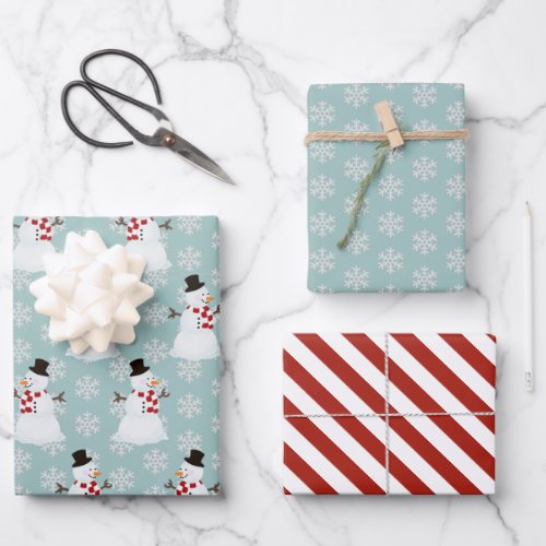 Snowman Wrapping Paper Flat Sheet Set of 3