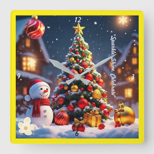 "Snowman's Christmas Gift" Square Wall Clock (Front)