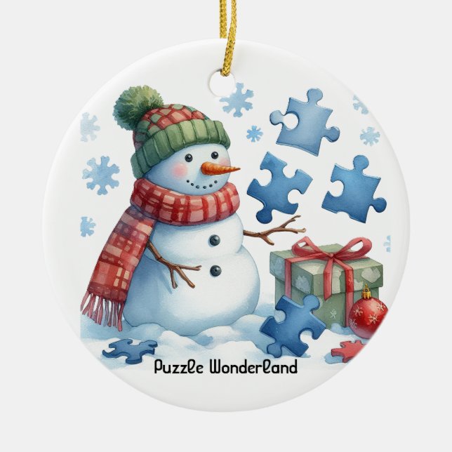  Snowman's Puzzle Wonderland Ceramic Ornament (Front)