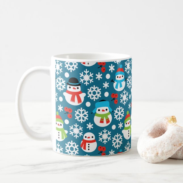 Snowmans & Snowflakes Seamless Pattern Coffee Mug (With Donut)
