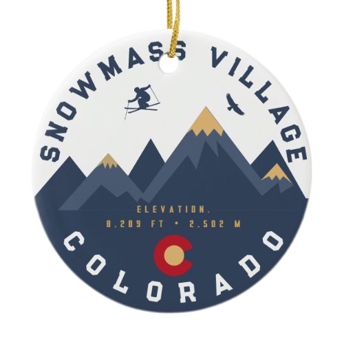 Snowmass Colorado Flag Retro Sunset Ski Souvenirs Ceramic Ornament