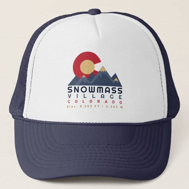 Snowmass Colorado Flag Retro Sunset Ski Souvenirs Trucker Hat (Front)