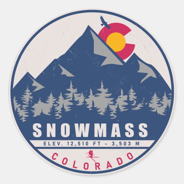 Snowmass Colorado Retro Sunset Ski Souvenirs Classic Round Sticker (Front)