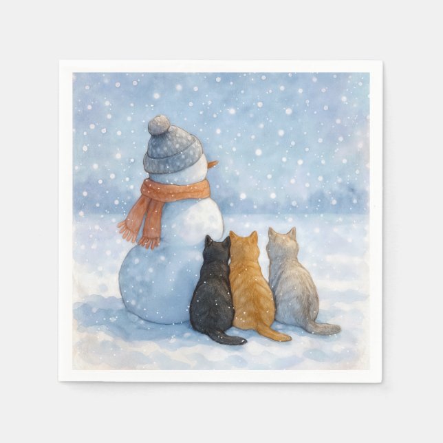 Snowmen and Cats In a Snowy Field Napkins (Front)