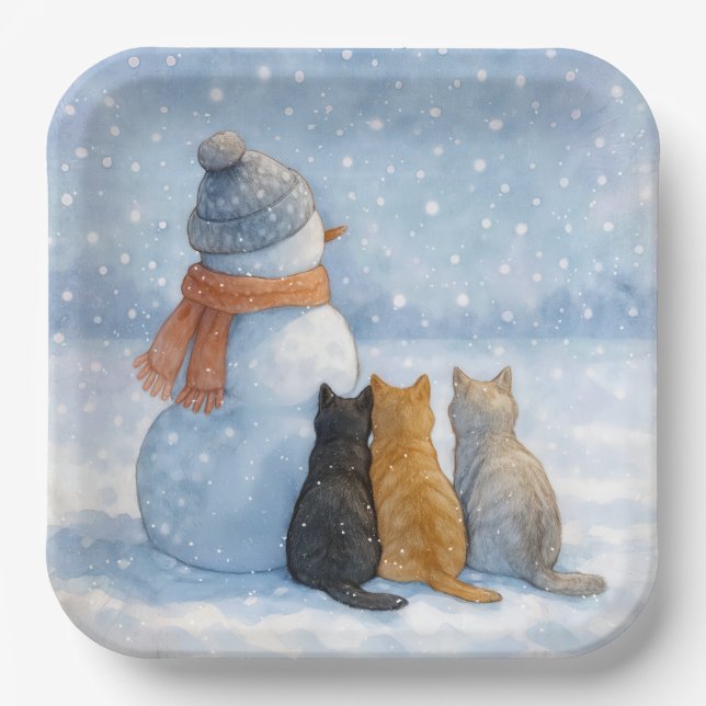 Snowmen and Cats In a Snowy Field Paper Plates (Front)